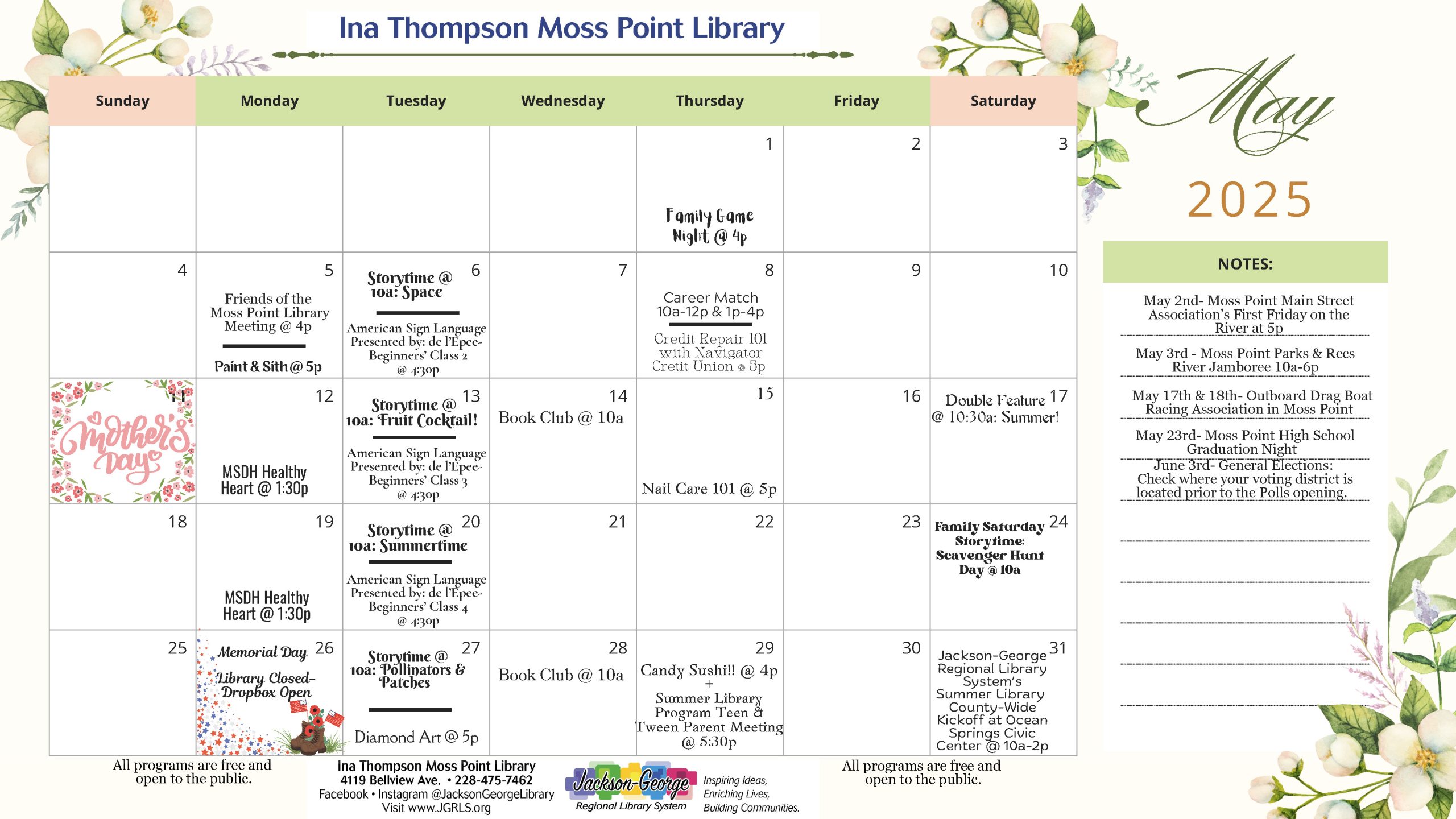 Ina Thompson Moss Point Library May 2025 Events Calendar