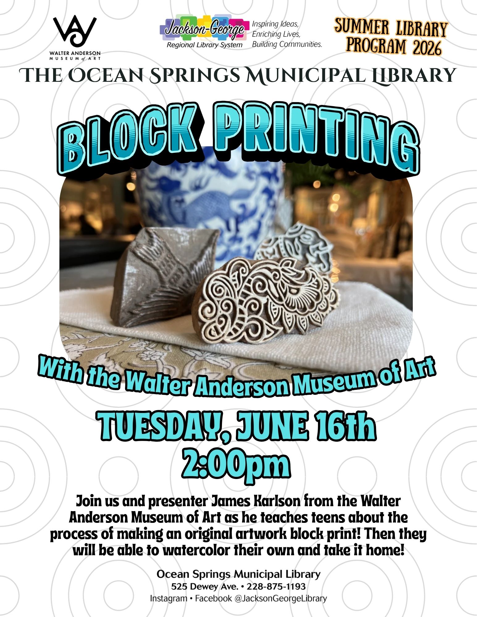 SLP 2026 - TEEN - Block Printing WAMA Fiber arts club Jan 13, 2023